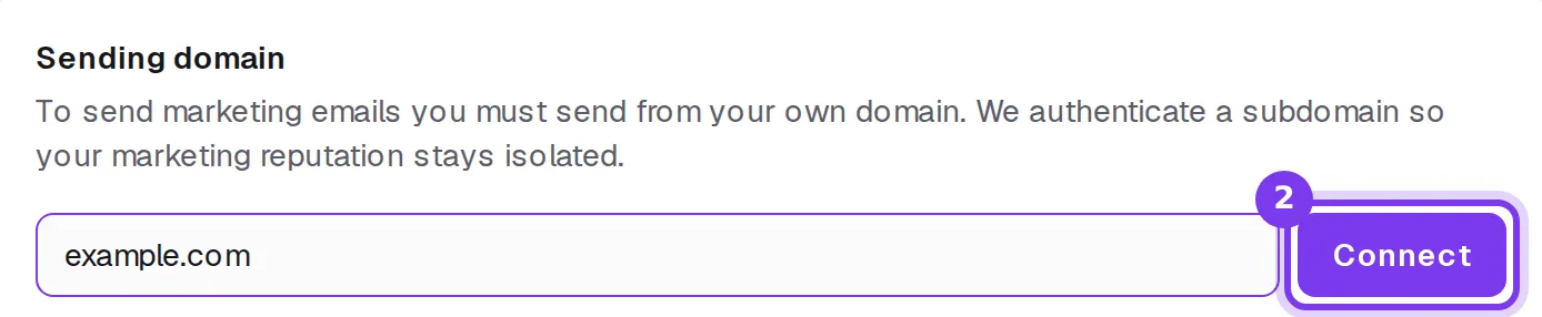 The Sending domain card with a domain typed in the field, next to the Connect button