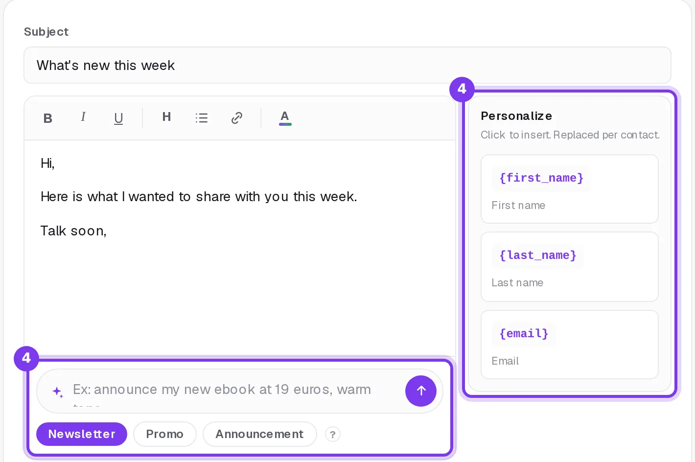 The Subject field, the email text, the Personalize panel with first name, last name and email, and the AI field under the text
