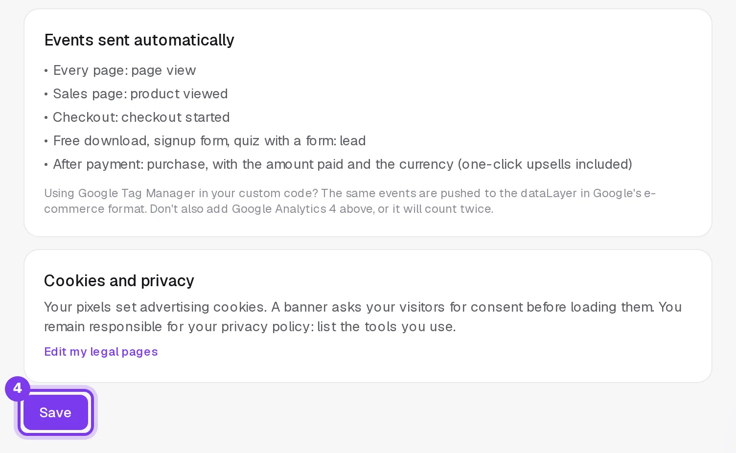 The list of events sent automatically, the Cookies and privacy card and the Save button