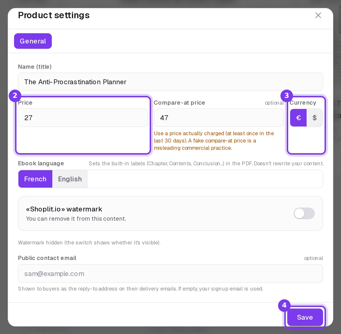 The Product settings window with the Price and Currency fields and the Save button