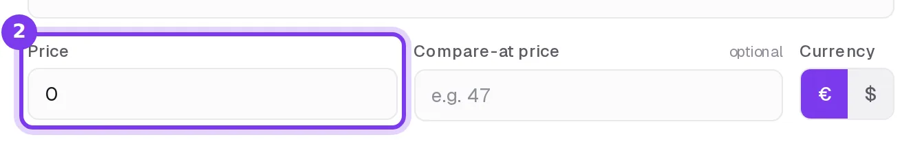 The Price field set to 0 in the product settings