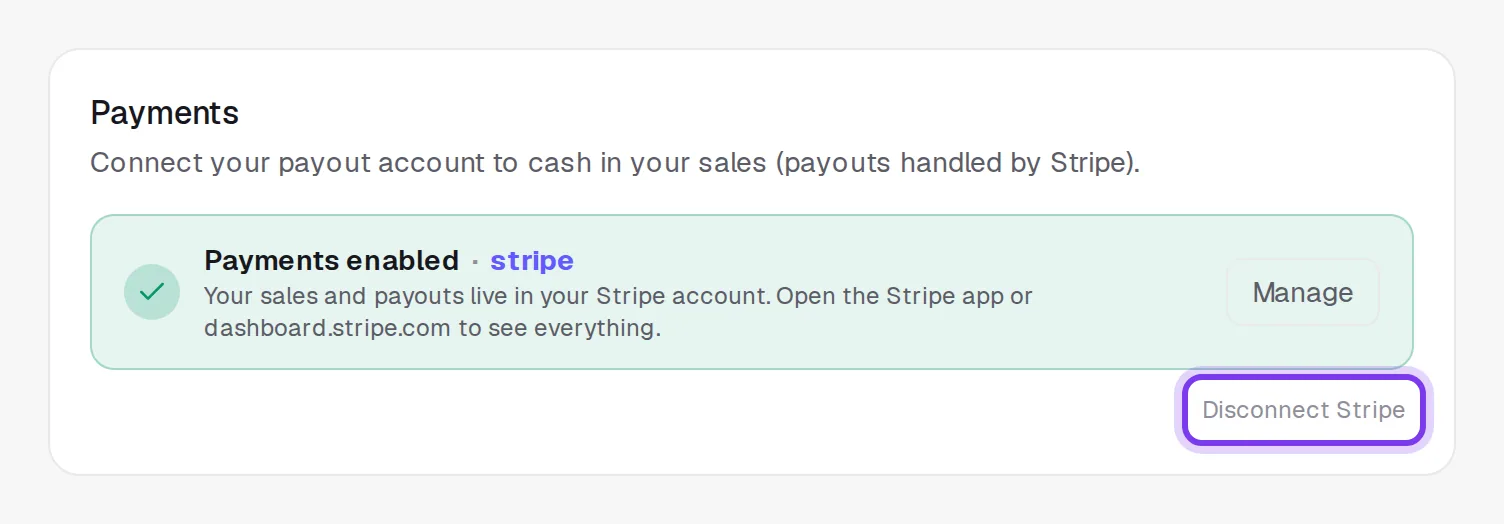The Payments card with the Disconnect Stripe link under the Payments enabled banner