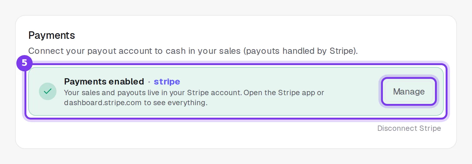 The Payments card showing Payments enabled with Stripe, and the Manage button