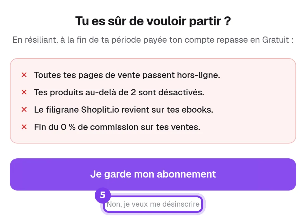 La dernière étape de la fenêtre de résiliation, avec le bouton Je garde mon abonnement et le lien Non, je veux me désinscrire