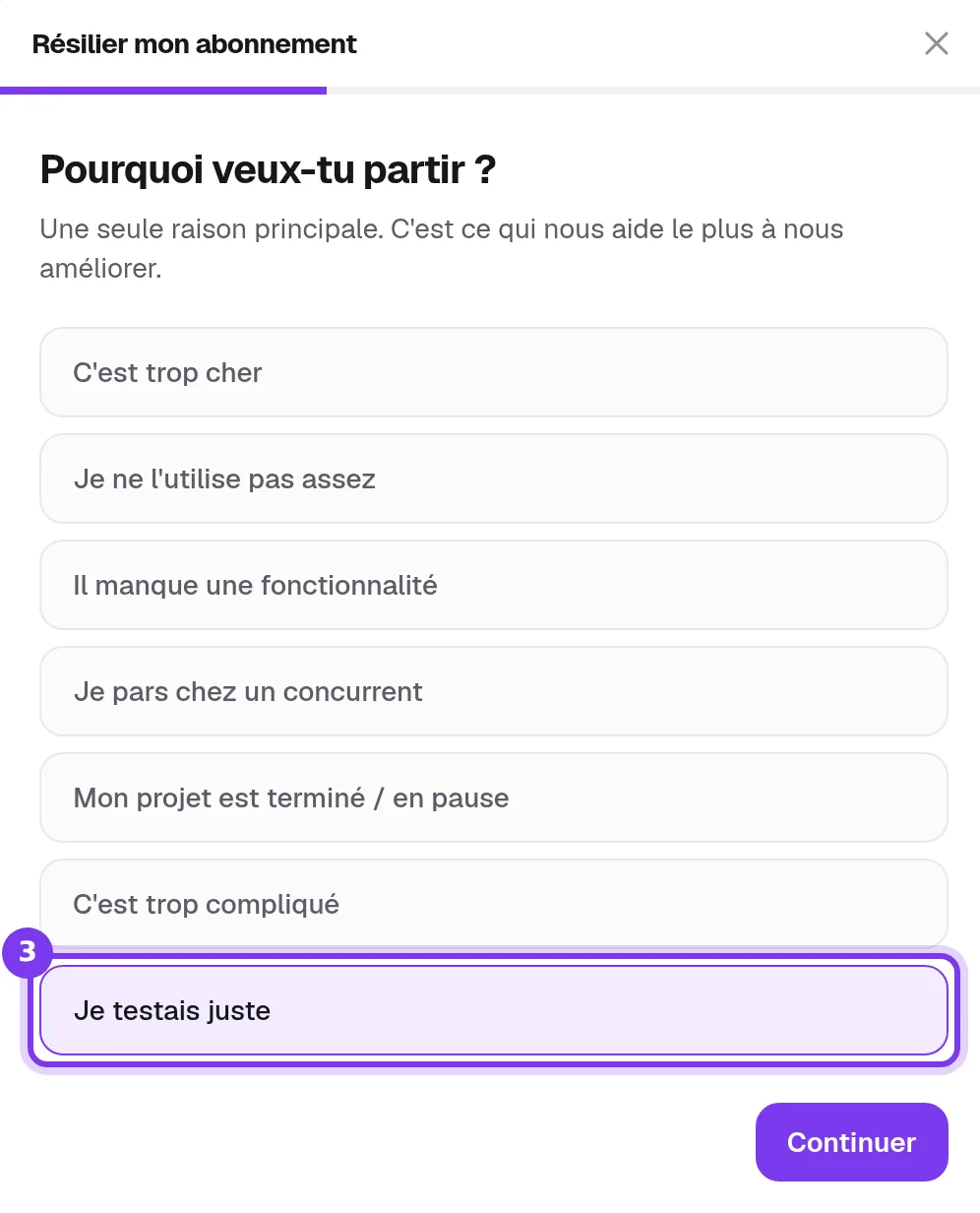 La première étape de la fenêtre de résiliation : la liste des raisons, dont une sélectionnée, et le bouton Continuer