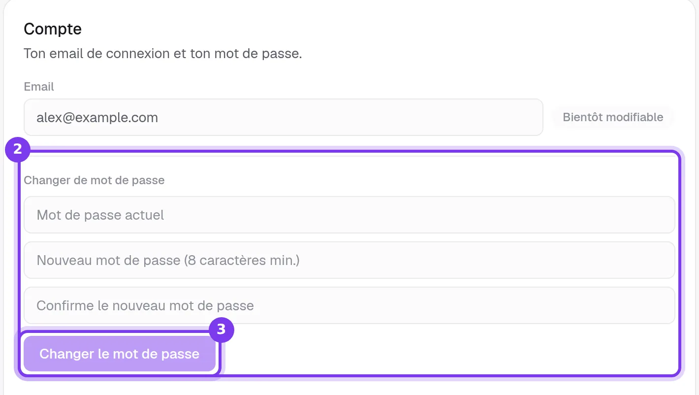 La carte Compte avec l'email de connexion marqué Bientôt modifiable, les trois champs de Changer de mot de passe et le bouton Changer le mot de passe