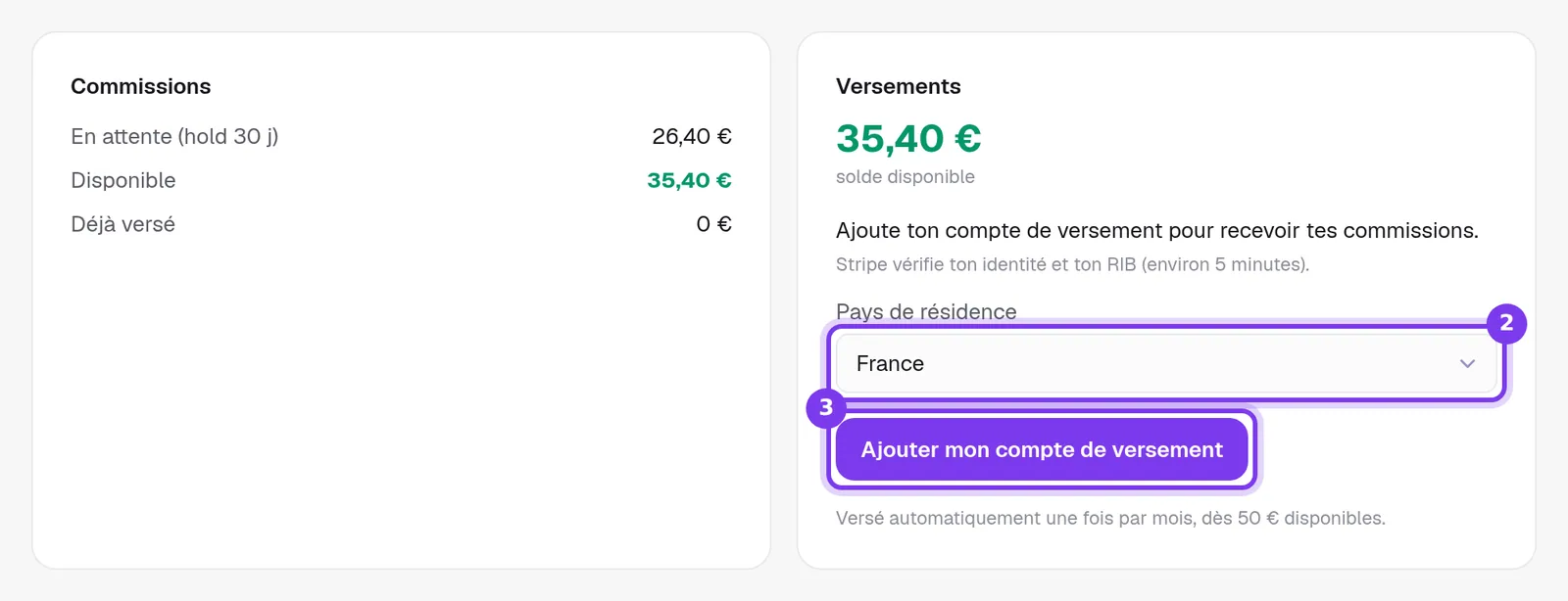 Le bloc Commissions et la carte Versements : France choisie sous Pays de résidence, et le bouton Ajouter mon compte de versement