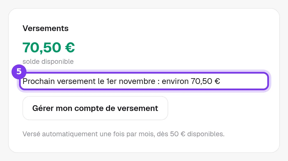 La carte Versements avec un compte prêt : solde disponible, date du prochain versement avec son montant estimé, et le bouton Gérer mon compte de versement