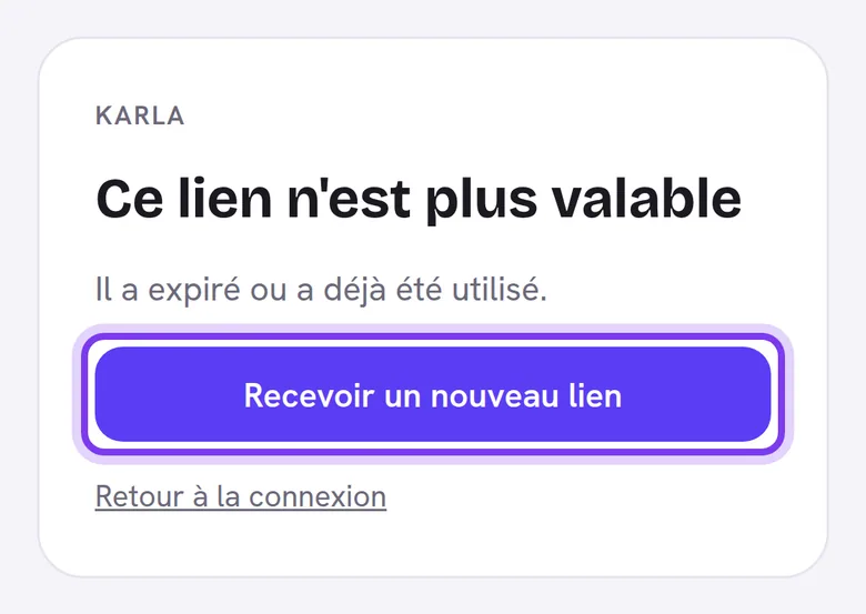 La page Ce lien n'est plus valable sur un téléphone, avec le bouton Recevoir un nouveau lien