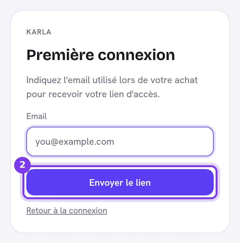 La page Première connexion sur un téléphone, avec un email tapé et le bouton Envoyer le lien