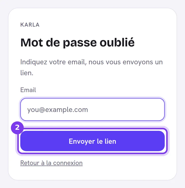La page Mot de passe oublié sur un téléphone, avec un email tapé et le bouton Envoyer le lien