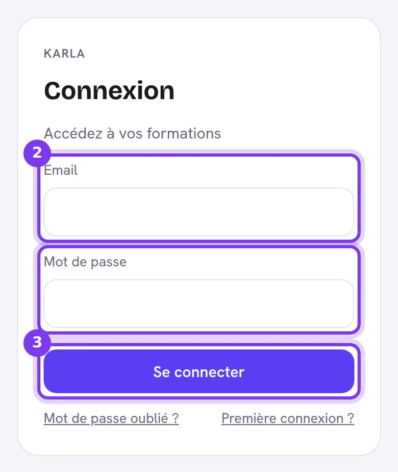 La page de connexion de l'espace de formation sur un téléphone, avec les champs Email et Mot de passe et le bouton Se connecter