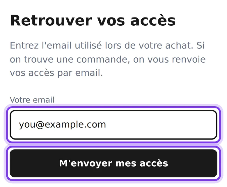 La page Retrouver vos accès sur un téléphone, avec un email tapé dans le champ Votre email et le bouton M'envoyer mes accès