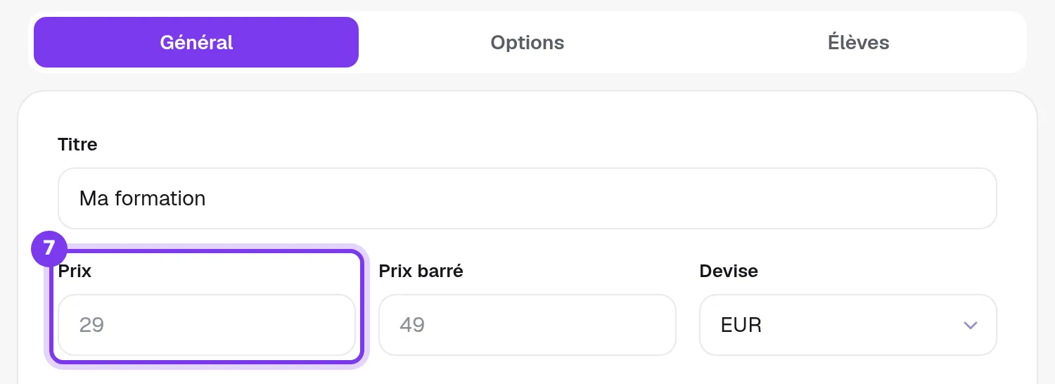 L'onglet Général des réglages de la formation, avec les champs Prix, Prix barré et Devise