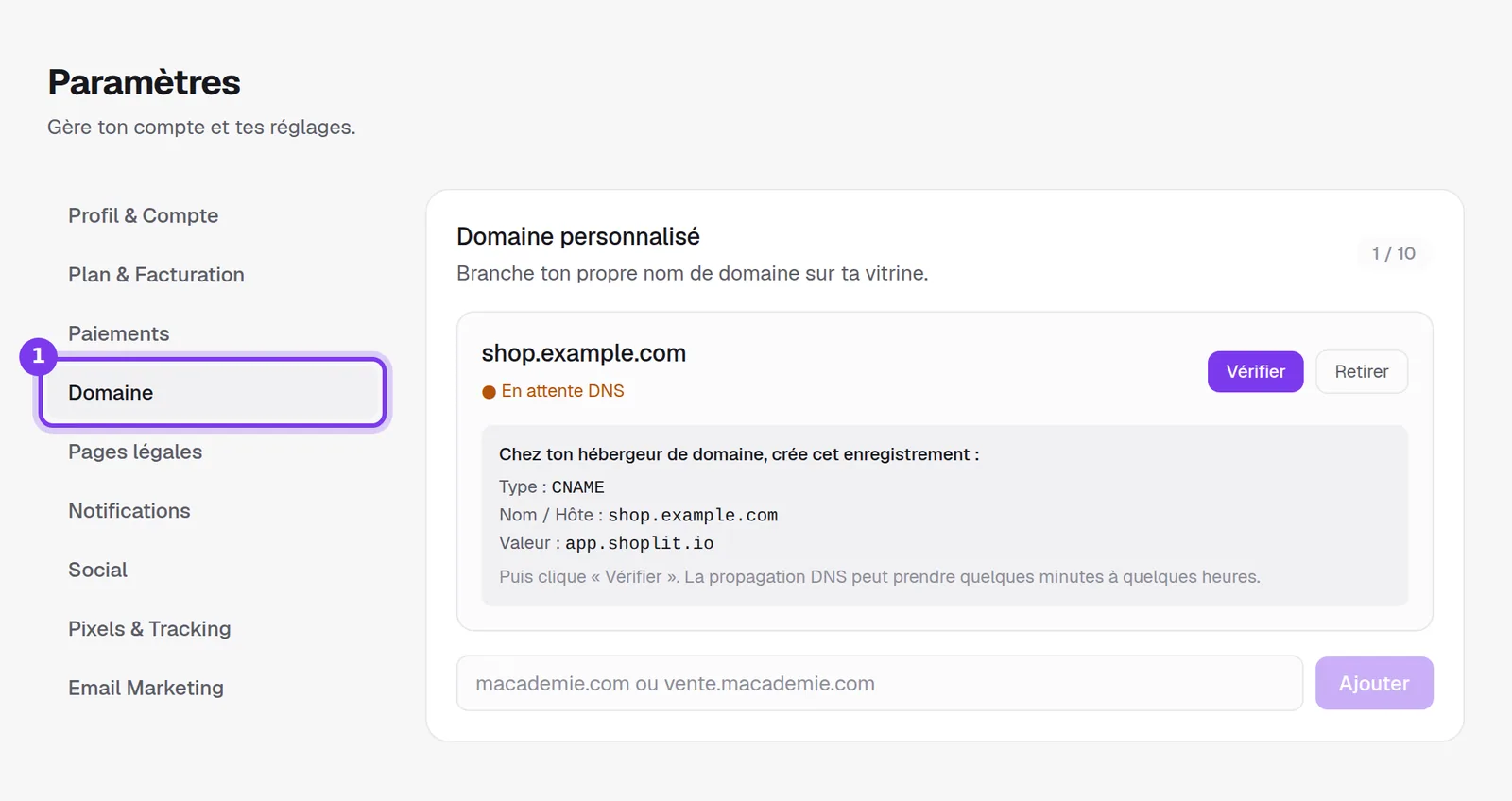 L'onglet Domaine des paramètres de Shoplit, avec la carte Domaine personnalisé