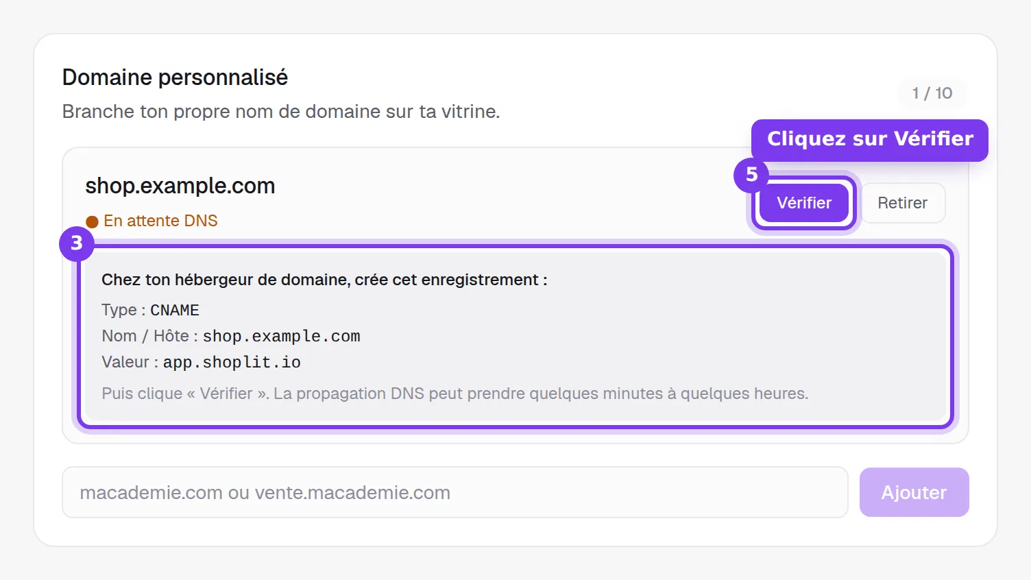 L'enregistrement DNS à créer, avec son type, son nom et sa valeur, et le bouton Vérifier