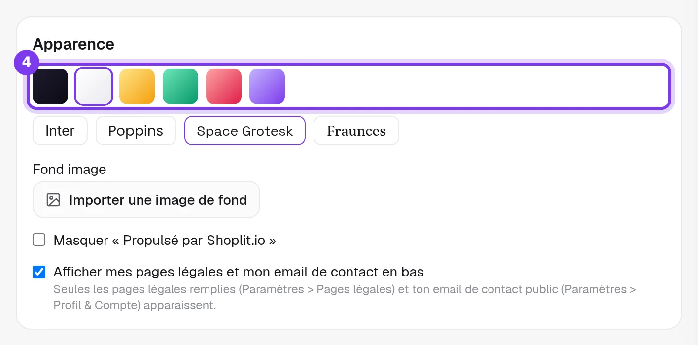 La section Apparence : thèmes de couleurs, polices, image de fond et les deux cases à cocher pour le bas de la vitrine