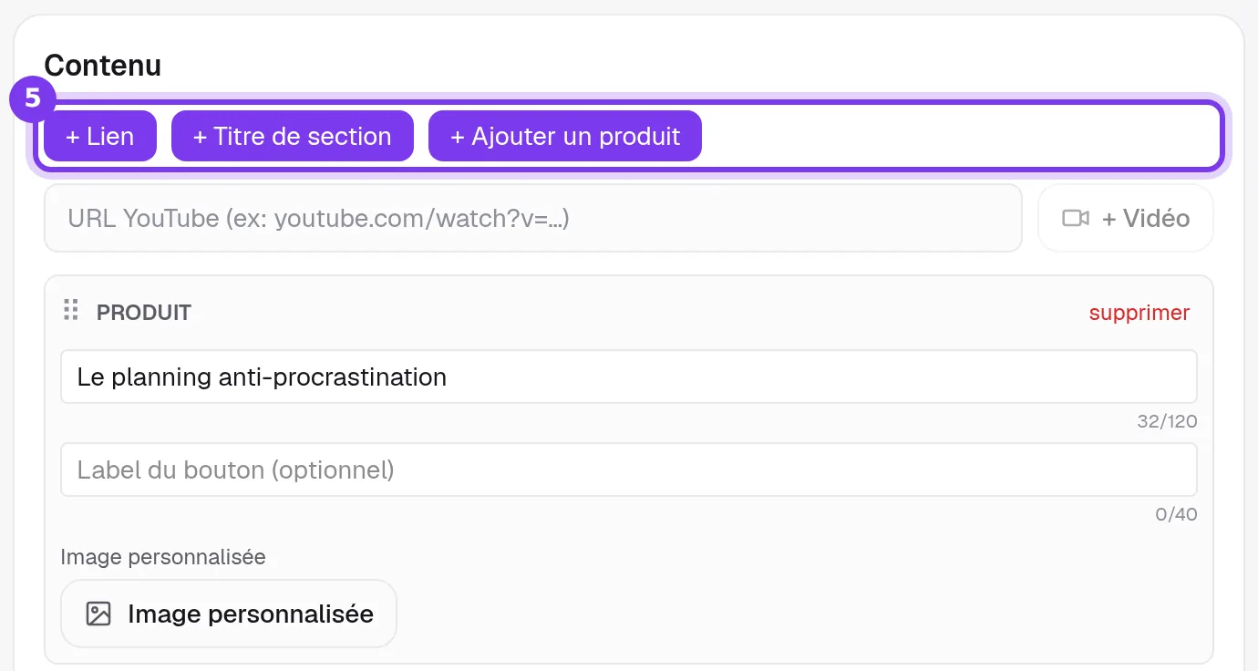 La section Contenu avec les boutons + Lien, + Titre de section et + Ajouter un produit, le champ YouTube et un bloc produit