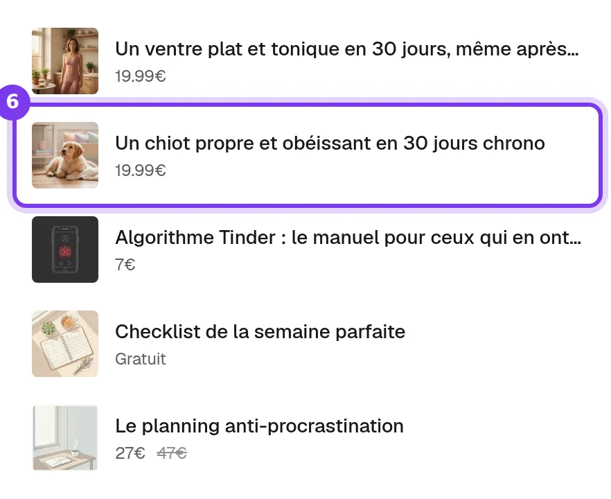 La liste des pages de vente à ajouter, chacune avec son image et son prix