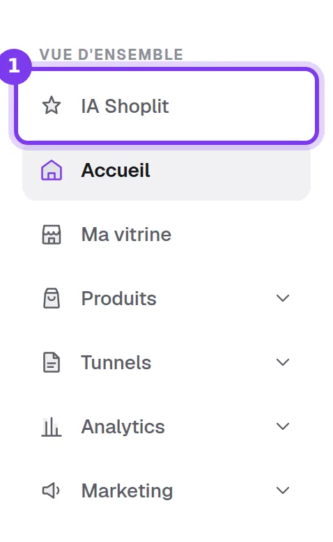 Le menu de gauche de Shoplit, avec IA Shoplit tout en haut