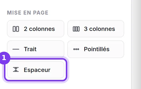 La section Mise en page de la bibliothèque de blocs, avec le bloc Espaceur