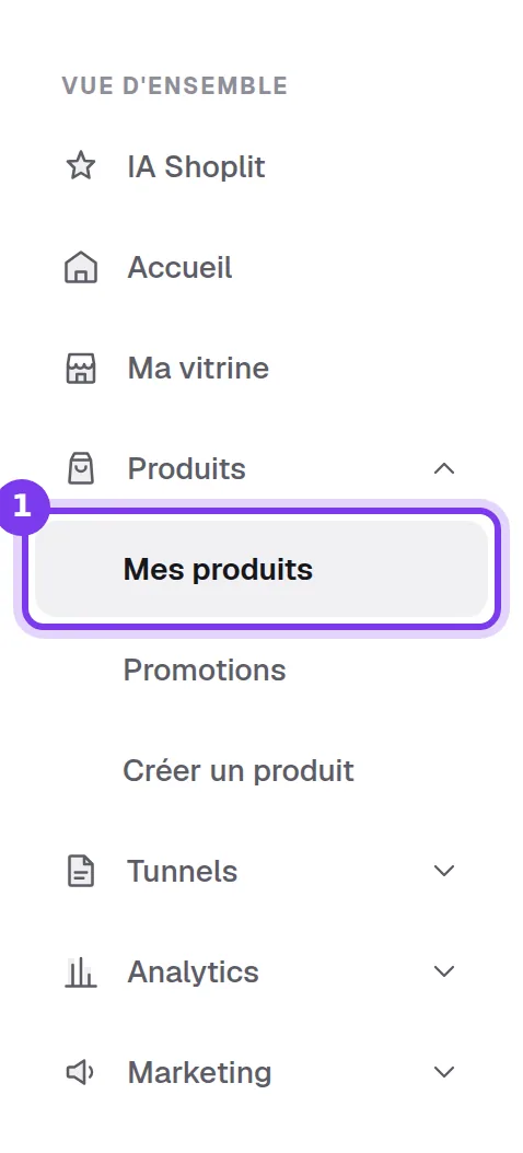 Le menu de gauche de Shoplit, avec Produits ouvert et Mes produits sélectionné