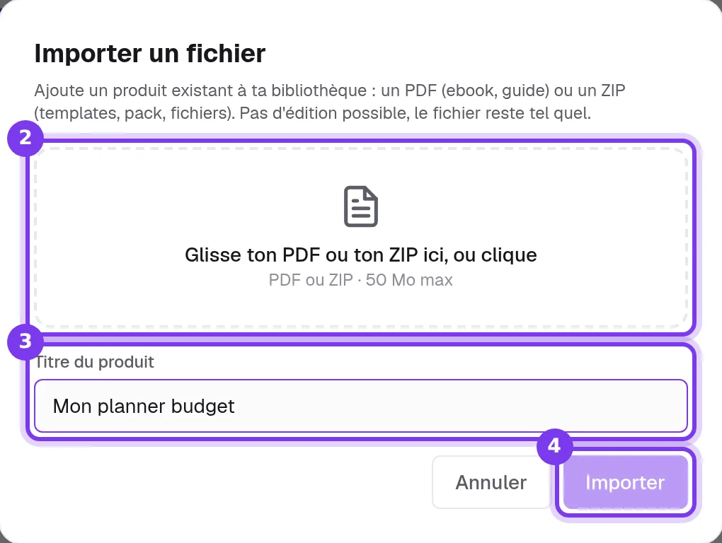 La fenêtre Importer un fichier : le cadre de dépôt d'un PDF ou d'un ZIP, le champ Titre du produit et le bouton Importer