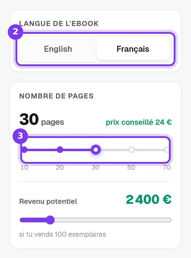 Le choix Langue de l'ebook, English ou Français, et le curseur Nombre de pages du questionnaire