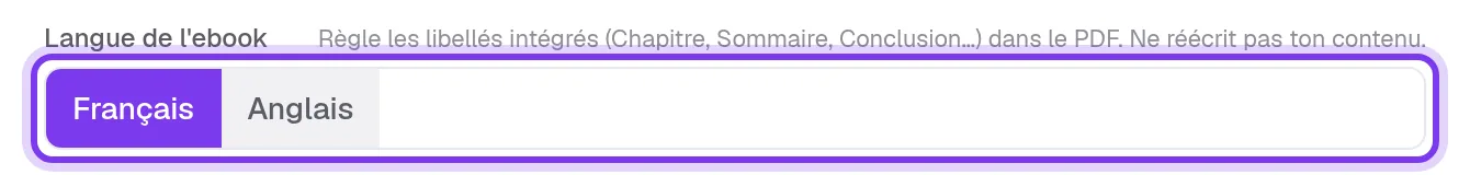 Le choix Langue de l'ebook, Français ou Anglais, dans les réglages du produit