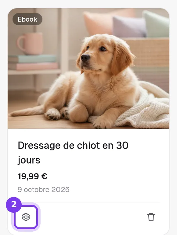 La carte d'un ebook dans Mes produits, avec sa roue crantée
