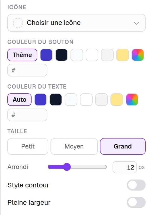 Le groupe Style d'un bloc Bouton : icône, couleur du bouton, couleur du texte, taille, arrondi, style contour et pleine largeur
