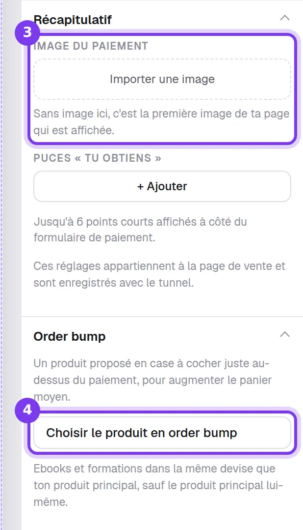 Les groupes Récapitulatif et Order bump des réglages du bloc Paiement