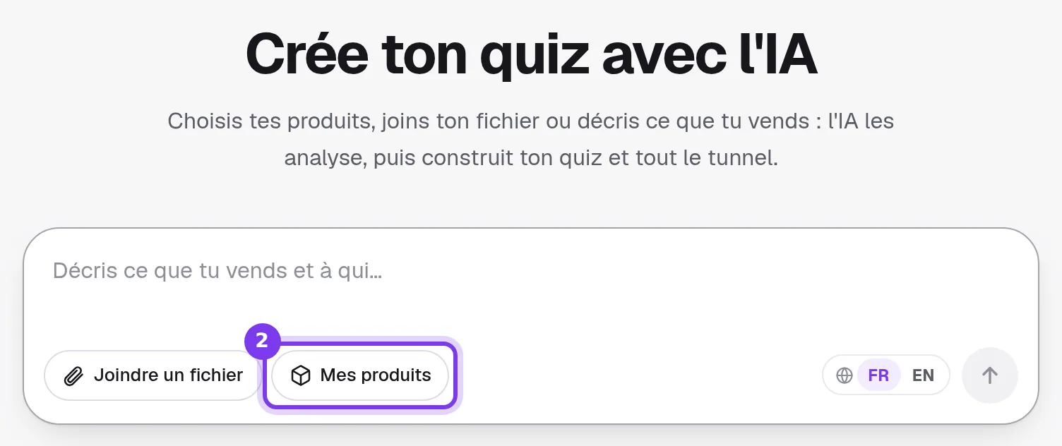 L'écran « Crée ton quiz avec l'IA », avec le bouton Mes produits mis en valeur