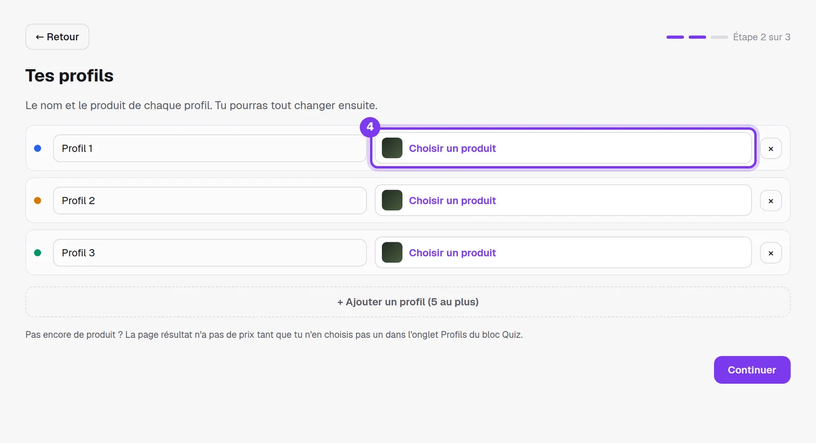 L'écran « Tes profils », avec trois profils et leurs boutons Choisir un produit