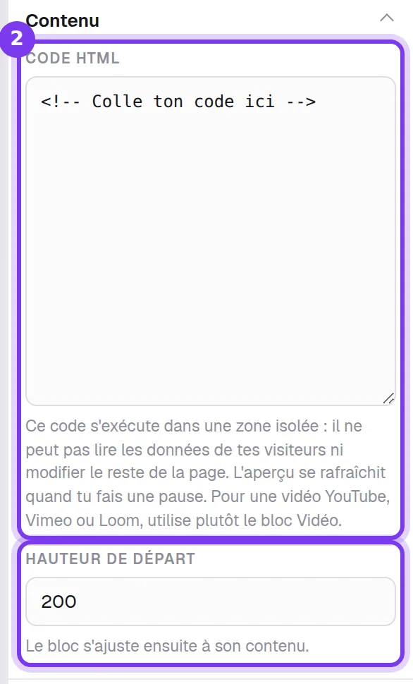 Les réglages d'un bloc Code personnalisé : le champ Code HTML et la hauteur de départ