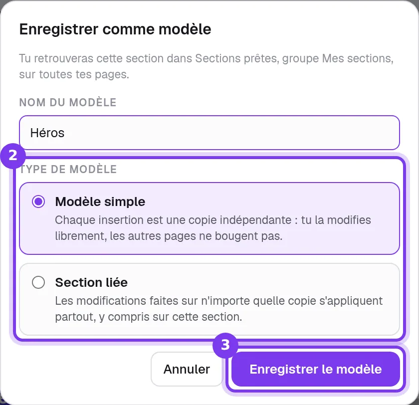 La fenêtre Enregistrer comme modèle, avec le nom du modèle, les choix Modèle simple et Section liée, et le bouton Enregistrer le modèle