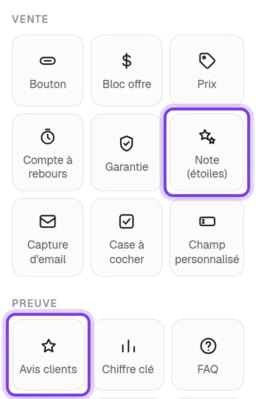 Les rubriques Vente et Preuve de l'onglet Blocs, avec les blocs Note (étoiles) et Avis clients mis en valeur
