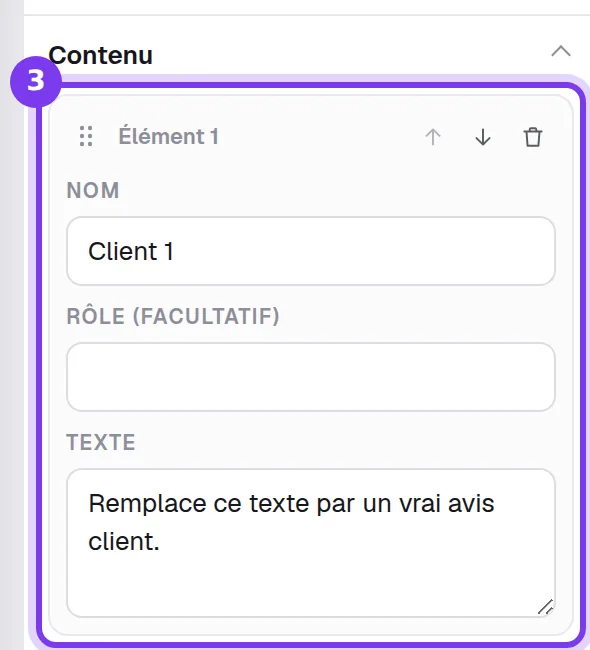 Le premier avis d'un bloc Avis clients : Nom, Rôle (facultatif) et Texte