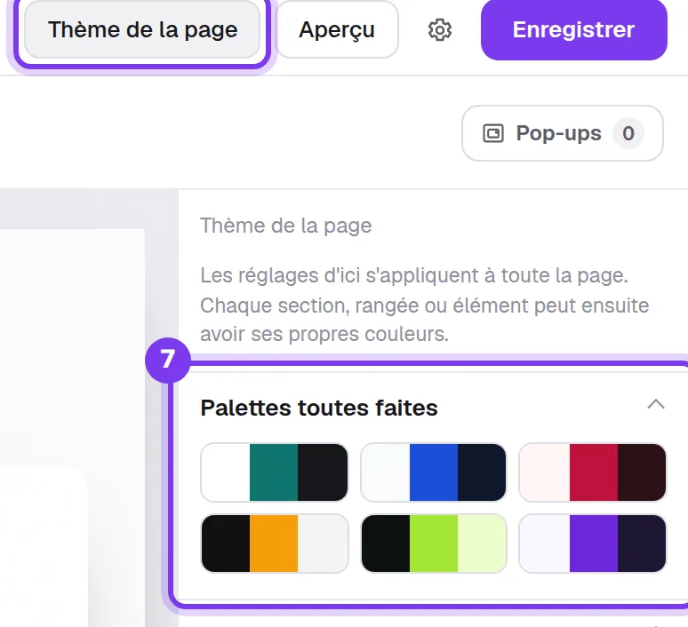 Le bouton Thème de la page et les Palettes toutes faites dans le panneau de droite