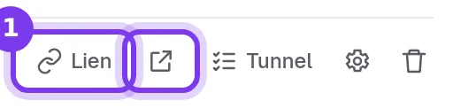 Les boutons d'une carte de page dans Tunnels, avec Lien et l'icône qui ouvre la page publique