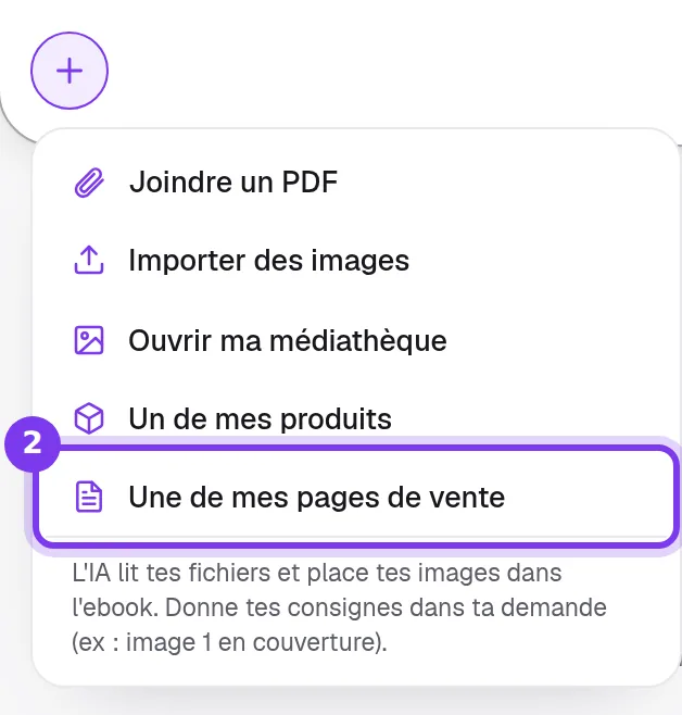 Le menu + de l'IA Shoplit, avec Un de mes produits et Une de mes pages de vente