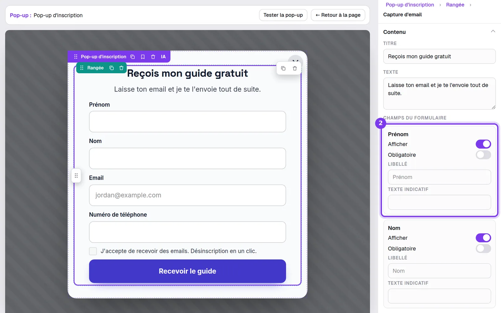 Le bloc Capture d'email d'une pop-up d'inscription, avec les réglages Prénom et Nom sous Champs du formulaire