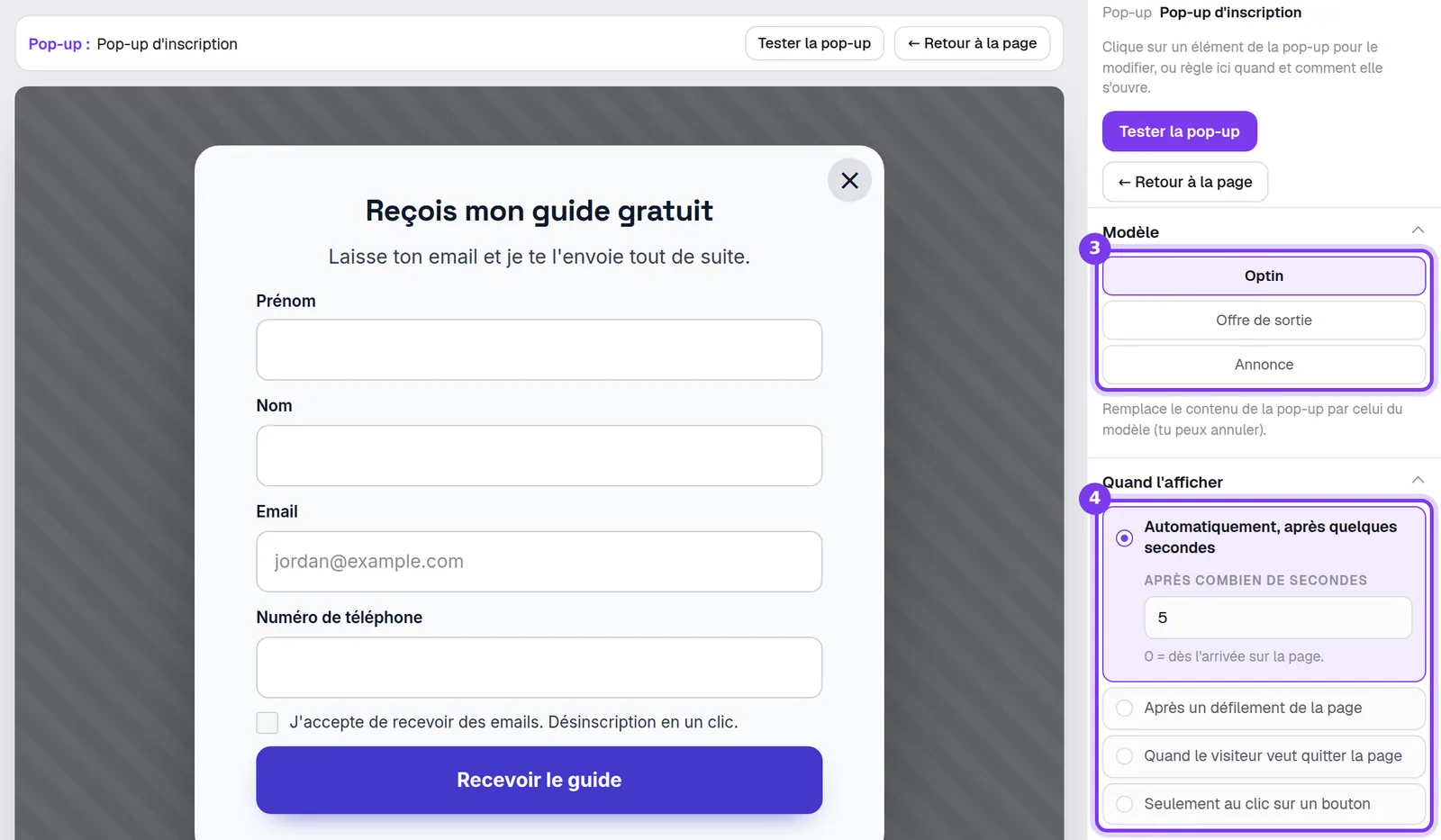 Une pop-up d'inscription dans l'éditeur, avec ses réglages Modèle et Quand l'afficher dans le panneau de droite
