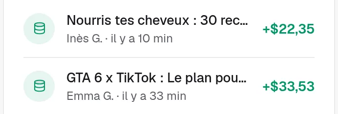 Deux des dernières commandes dans l'encadré Dernières 24 h : le produit, le prénom de l'acheteur, le temps écoulé et le montant