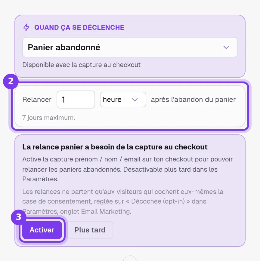 La carte Quand ça se déclenche réglée sur Panier abandonné, le réglage Relancer 1 heure après l'abandon du panier avec 7 jours maximum en dessous, et l'encadré La relance panier a besoin de la capture au checkout avec le bouton Activer