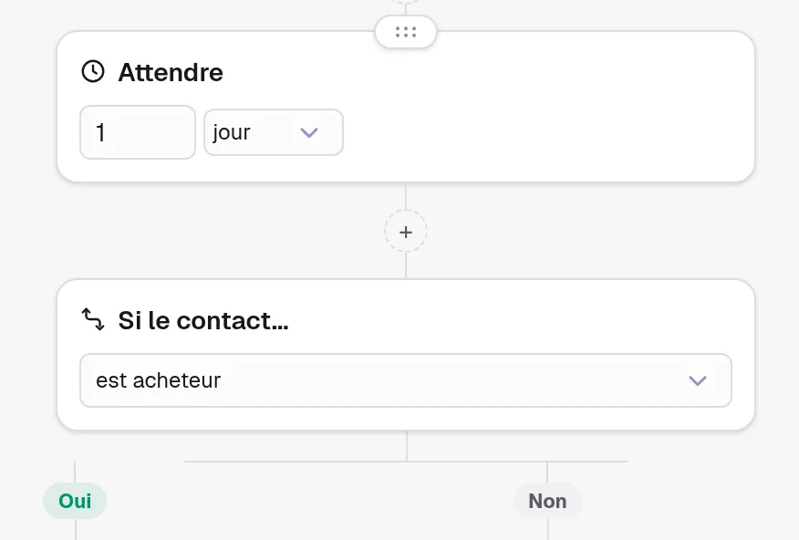 Un bloc Attendre réglé sur 1 jour, puis un bloc Condition réglé sur est acheteur, qui se sépare en Oui et Non