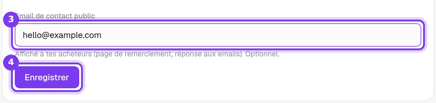 Le champ Email de contact public rempli, avec le bouton Enregistrer en dessous