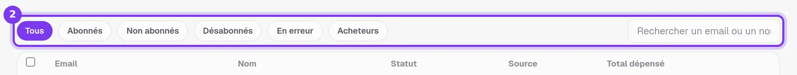 Les boutons de filtre Tous, Abonnés, Non abonnés, Désabonnés, En erreur et Acheteurs, le champ de recherche, et les titres de colonnes Email, Nom, Statut, Source et Total dépensé