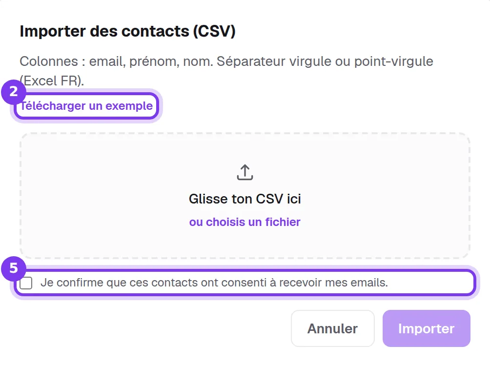 La fenêtre Importer des contacts (CSV) avec le lien Télécharger un exemple, la zone de dépôt et la case de consentement