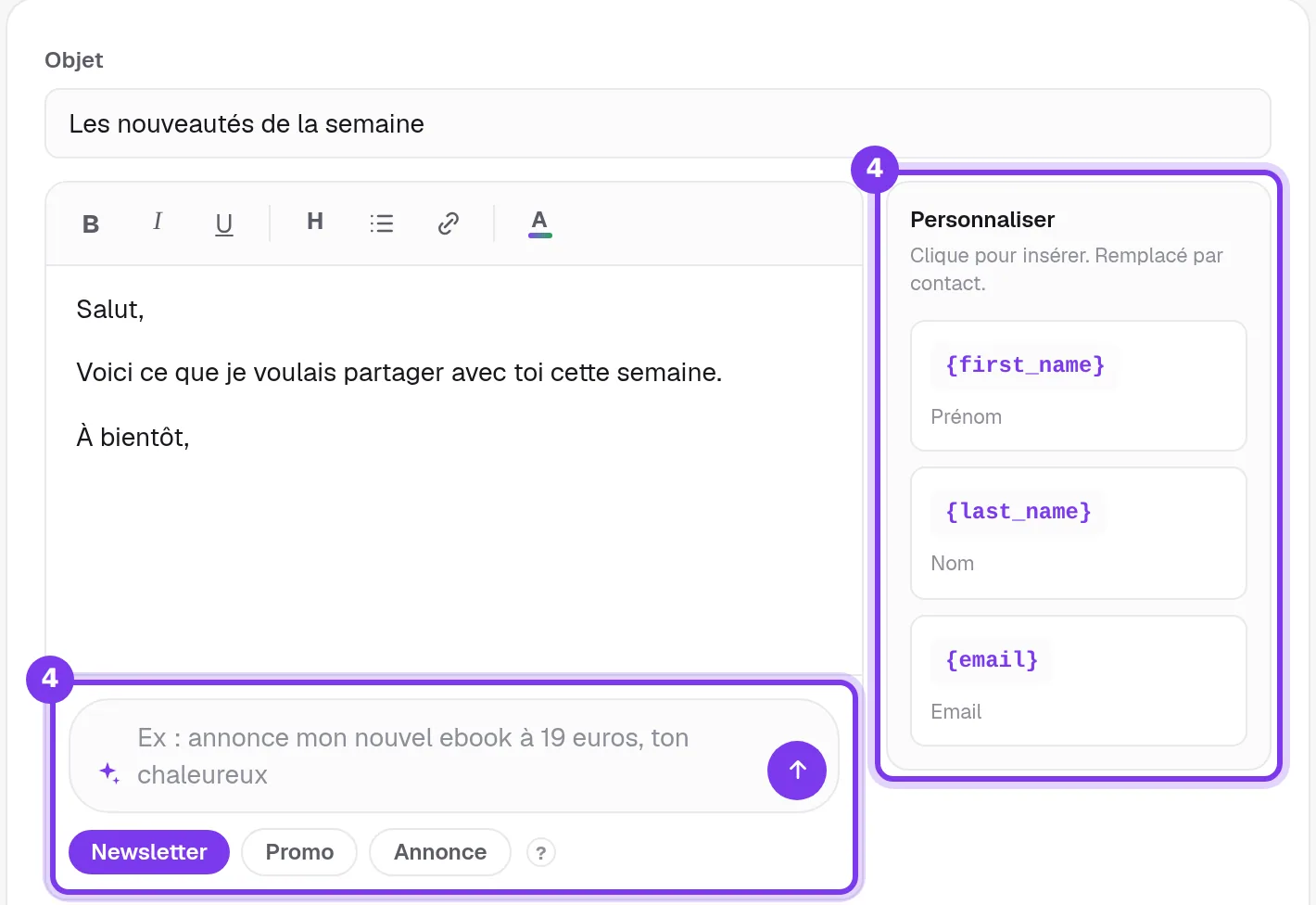 Le champ Objet, le texte de l'email, le panneau Personnaliser avec prénom, nom et email, et le champ IA sous le texte